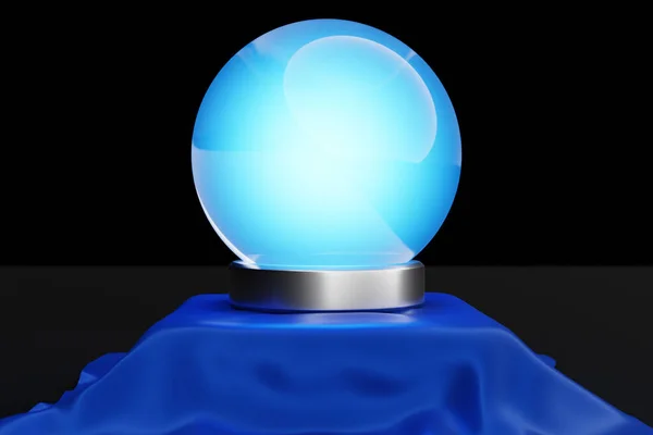 Ilustracja Niebieskiej Przezroczystej Szklanej Kuli Kryształy Rozrzucone Czarnym Tle Pod — Zdjęcie stockowe