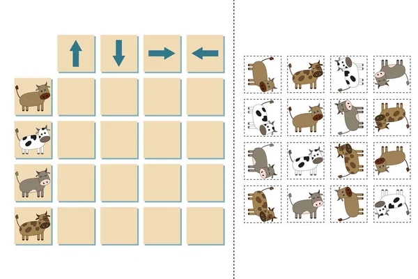 匹配宠物奶牛的图片和方向向上 可打印的工作表 教育用的卡片 — 图库照片