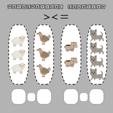 Bu da komik hayvanlarla daha büyük, daha az ya da daha eşit bir oyun. Anaokulu çocukları için çalışma listesi, aktivite listesi, basılabilir çalışma tablosu