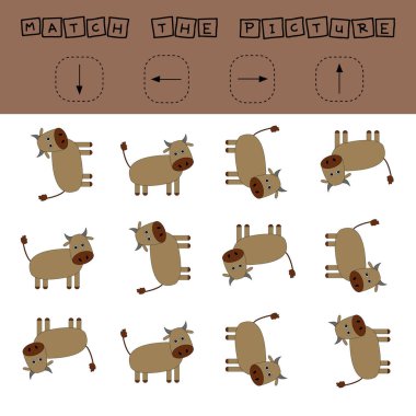 Çizgi film ineklerini ve yukarı, aşağı, sola ve sağa yönleri eşleştir. Çocuklar için eğitici bir oyun.