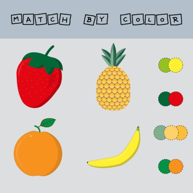 Çocuklar için gelişen etkinlik: Çilek, ananas, portakal, muz rengi. Çocuklar için mantık oyunu