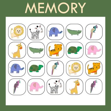 Çocuklar için hafıza oyunu. Set sevimli hayvanların olduğu kartları da içeriyor. Kes ve eşleşen resimler ara.