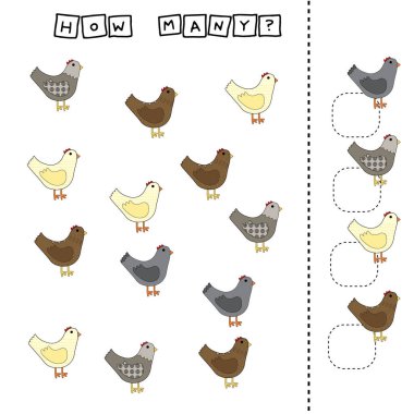Komik hayvan tavuklarıyla kaç tane sayma oyunu. Okul öncesi çalışma tablosu, çocukların faaliyet tablosu, basılabilir çalışma tablosu