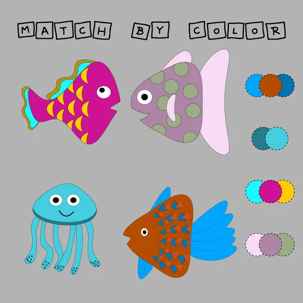Arbeitsblatt Vektordesign Herausforderung Die Fische Mit Ihrer Farbe Verbinden Logikspiel — Stockfoto