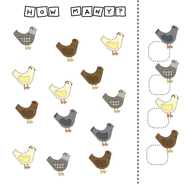 面白い動物の鶏とどのように多くのカウントゲーム 就学前のワークシート 子供の活動シート 印刷可能なワークシート — ストック写真