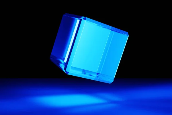 3Dイラスト青の照明キューブ黒の隔離された背景に飛んで — ストック写真