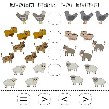 Bu da komik tavuklar, hamsterlar, inekler ve koyunlarla daha büyük, daha az ya da daha eşit bir oyun. Anaokulu çocukları için çalışma listesi, aktivite listesi, basılabilir çalışma tablosu