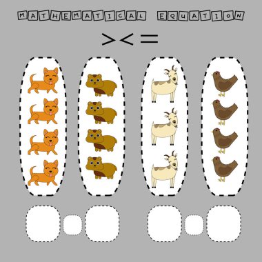 Bu da komik hayvanlarla daha büyük, daha az ya da daha eşit bir oyun. Anaokulu çocukları için çalışma listesi, aktivite listesi, basılabilir çalışma tablosu
