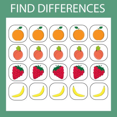 Çalışma tablosu vektör tasarımı, görev aynı meyveler ve böğürtlenler arasında bir sırada bulmak. Çocuklar için mantık oyunu.