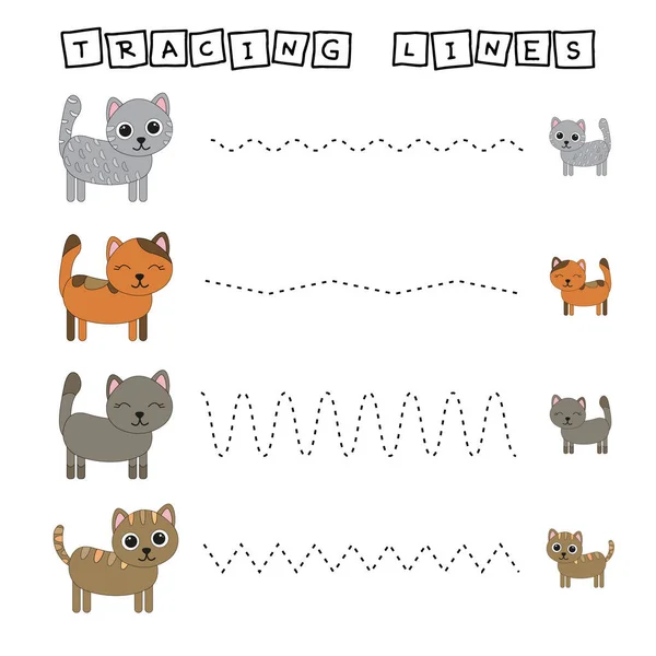 Ίχνη Παιχνίδι Γραμμές Αστεία Γάτες Φύλλο Εργασίας Για Παιδιά Προσχολικής — Φωτογραφία Αρχείου
