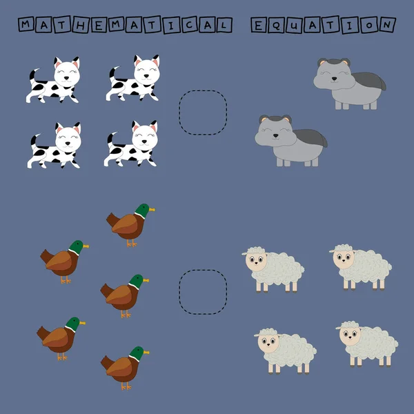 子供のための活動を開発し より多くの犬 ハムスター アヒル 羊を比較します 子供のためのロジックゲーム 数学的不平等 — ストック写真