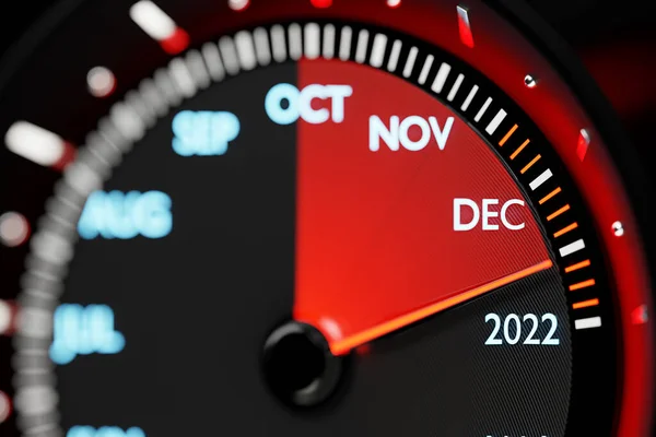3Dイラストは カットオフ2021 2022とカレンダーヶ月で黒の速度計を閉じます 自動車分野での新年とクリスマスの概念 数ヶ月 新しい年までの時間 — ストック写真