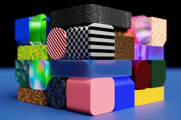 Ilustración Cubo Multicolor Muchos Objetos Geométricos Diferentes Texturas Colores Sobre — Foto de Stock