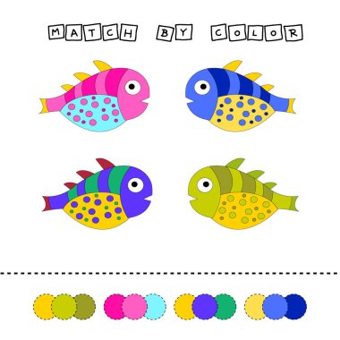 Çocuklar için gelişen etkinlik balıkların rengine göre eşleşir. Çocuklar için mantık oyunu