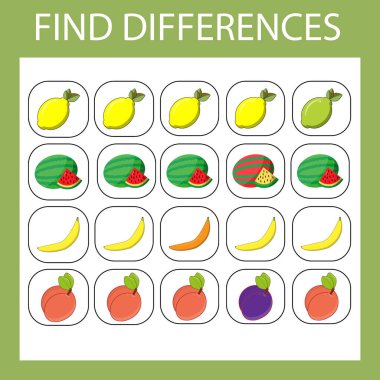Çocuklar için etkinlik geliştirmek - aradaki farkı bulmak. Çocuklar için mantık oyunu. Fazladan bir su melodisi, limon, muz, şeftali bul.