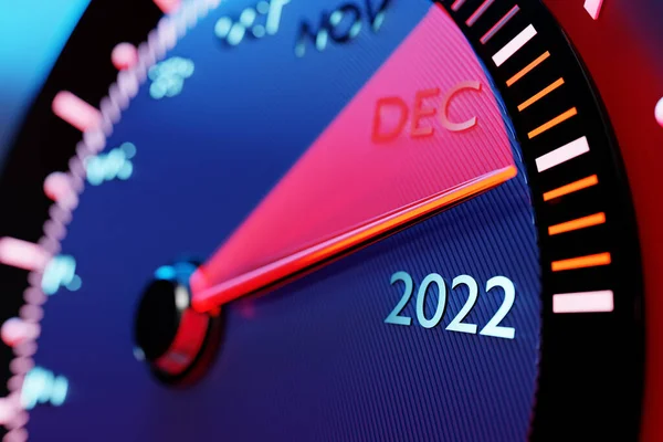 Ilustracja Szczegółowego Zbliżenia Prędkościomierza Pokazującego Koniec 2021 Początek 2022 Odliczając — Zdjęcie stockowe