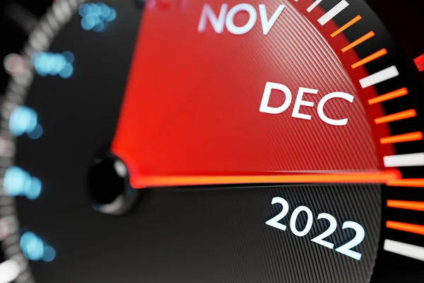 2021年末から2022年の初めを示す詳細な速度計のクローズアップの3Dイラスト 数ヶ月 新しい年までの時間 — ストック写真