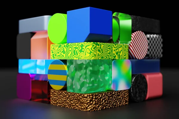 Ilustração Cubo Multicolorido Muitos Objetos Geométricos Diferentes Texturas Cores Fundo — Fotografia de Stock