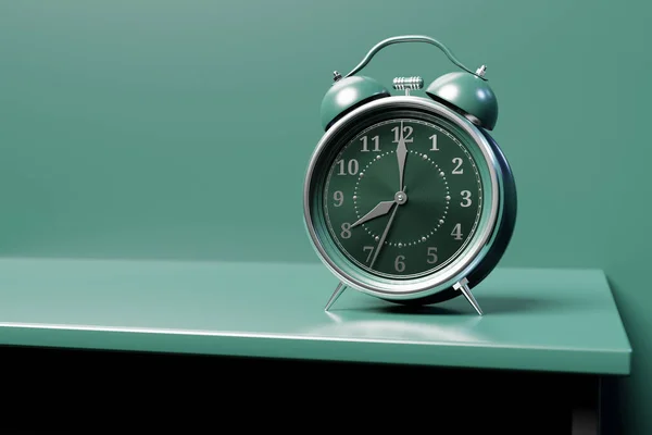 Ilustración Reloj Despertador Verde Campanas Dobles Fondo Verde Imagen Conceptual — Foto de Stock