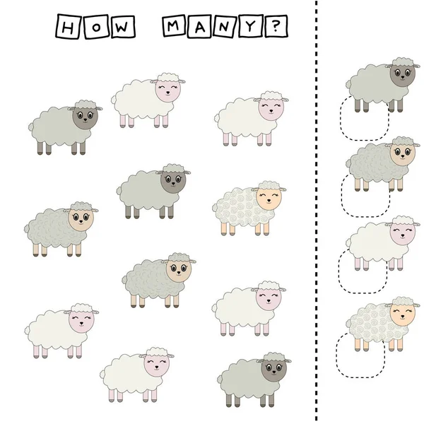 Combien Jeu Comptage Avec Des Animaux Drôles Moutons Feuille Travail — Photo