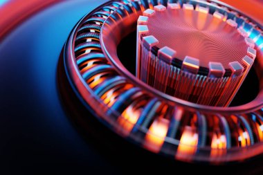 Siyah arkaplandaki kullan-atlara benzer üç boyutlu teknoloji çemberi çizimi. Basit geometrik şekiller