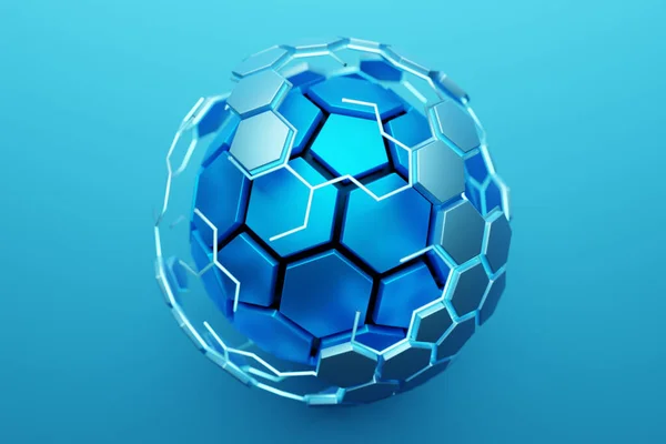 Vykreslování Průhledný Modrý Míč Detailní Geometrická Postava Koule Modrém Pozadí — Stock fotografie