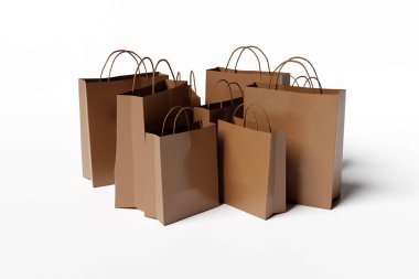 3D illüstrasyon kahverengi eko alışveriş torbaları beyaz izole arka planda farklı boyutlarda geri dönüştürülmüş kağıtlardan yapılmış. Yapı paketleri