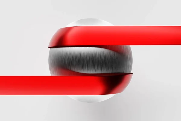 Illustration Geometric Volumetric Figure Metallic Silver Ball Red Ribbon White — Foto Stock
