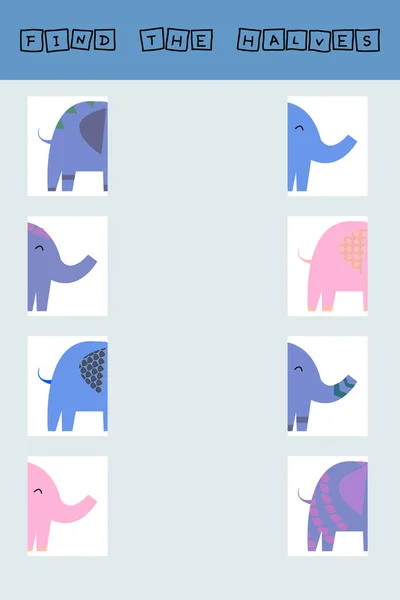Match Halves Animals Elephants Educational Game Children — 图库照片
