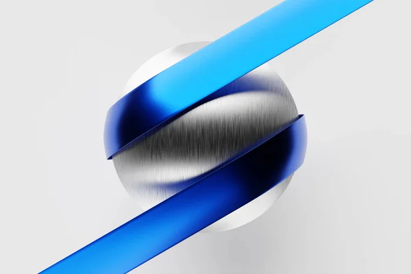 3Dイラストメタリックシルバーボールの幾何学的な体積図で その周りに青いリボンが描かれています — ストック写真