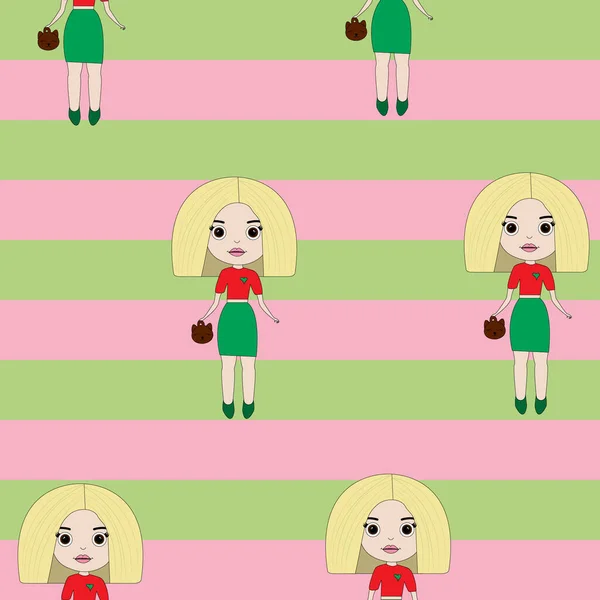 Seamless Pattern Cartoon Dolls Striped Background Cute Little Girls Pattern — Stockfoto