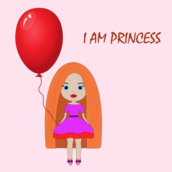 Cartoon Doll Red Hair Air Balloon Monochrome Background Cute Little — Stockfoto