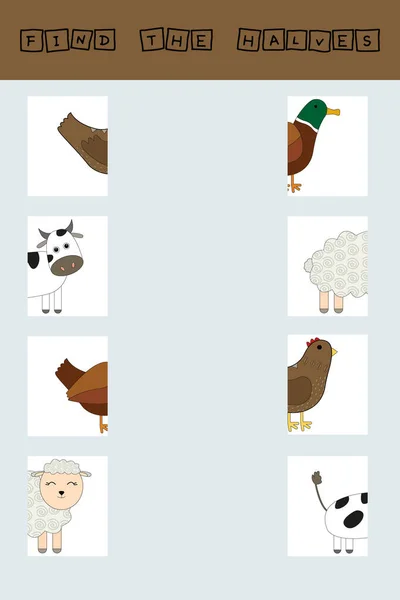 Match Halves Pets Duck Cow Chicken Sheep Educational Game Children — Foto Stock