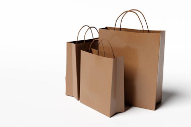 3D illüstrasyon kahverengi eko alışveriş torbaları beyaz izole arka planda farklı boyutlarda geri dönüştürülmüş kağıtlardan yapılmış. Yapı paketleri