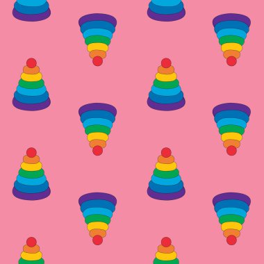 Tek renkli arkaplandaki çok renkli piramitlerin pürüzsüz deseni. Küçük çocuklar için sevimli oyuncaklar, çocuklar için tasarım.