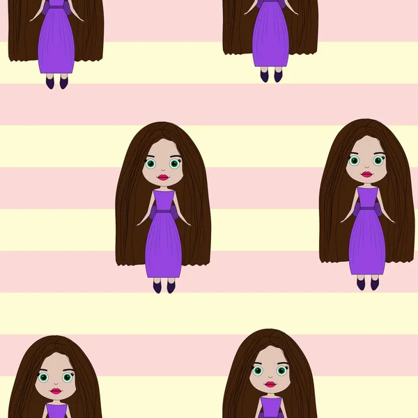 縞模様の背景に漫画の人形のシームレスなパターン かわいい女の子のパターン子供のためのデザイン — ストック写真