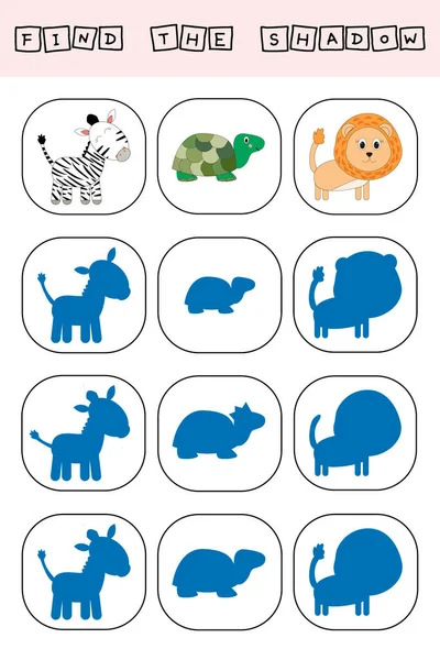 Find Shadow Zebra Turtle Lion Match Toy Correct Shadow Preschool — 图库照片