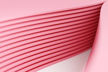 Farklı renklerde bir stereo şeridin 3 boyutlu çizimi. Geometrik çizgiler dalgalara benzer. Soyut pembe parlayan çizgi deseni