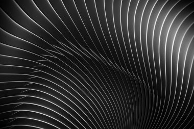 Farklı renklerde bir stereo şeridin 3 boyutlu çizimi. Geometrik çizgiler dalgalara benzer. Soyut siyah parlayan çizgi deseni