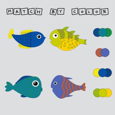 Çalışma tablosu vektör tasarımı, balıkları rengine bağlamak için zorluk. Çocuklar için mantık oyunu.