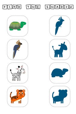 Kaplumbağa, papağan, zebra ve kaplanla doğru gölgeyi bul. Çocukları eğitme oyunu. 