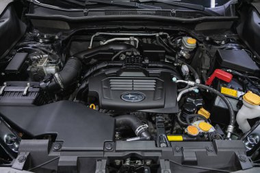 Novosibirsk, Russia - November 04, 2021: Subaru Forester, Close up detail of new car engin