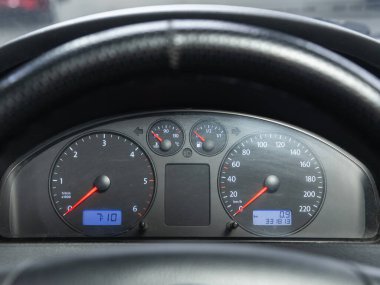 Novosibirsk, Russia - December 01, 2021: Volkswagen Transporter ,  car dashboard modern automobile controlilluminated panel speed display 