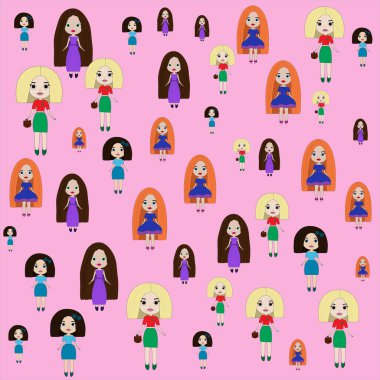 Pattern of cartoon dolls on a pink background. cute little girls pattern, design for kids