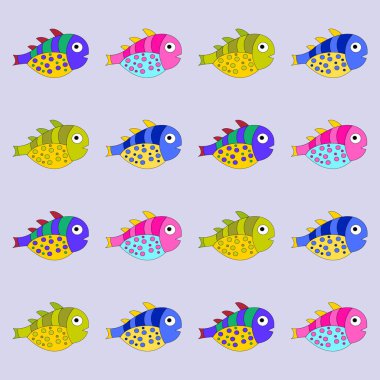 Şirin dekoratif balıklı vektör deseni. Komik çok renkli arkaplan, deniz dokusu