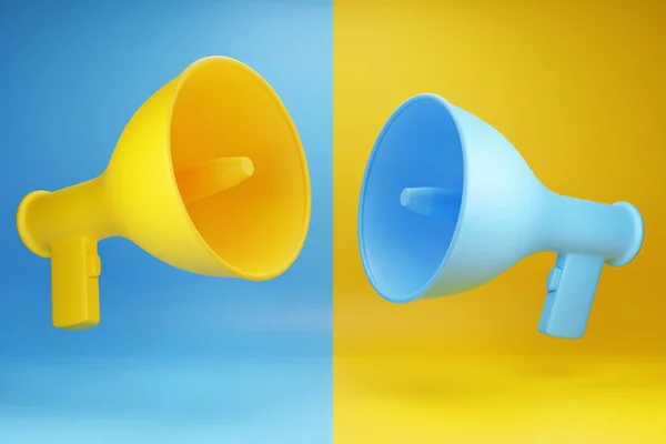 Жовтий Синій Мультяшні Скляні Гучномовці Ізольованому Фоні Ілюстрація Мегафона Рекламний — стокове фото