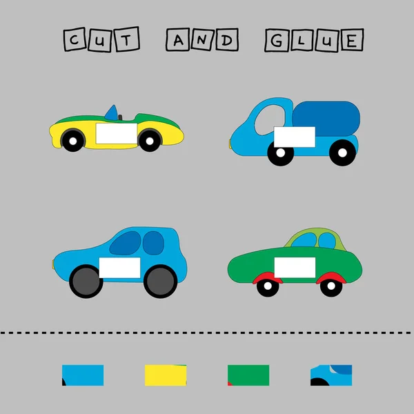 工作表矢量设计 任务是裁剪和粘贴在彩色汽车上 儿童逻辑游戏 — 图库照片