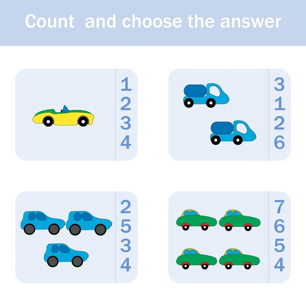 Counting Game Colorful Cars Preschool Worksheet Kids Activity Sheet Printable — Stockfoto