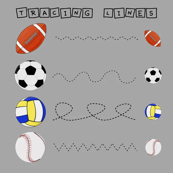 Trace Line Worksheet Rugby Soccer Volleyball Baseball Kids Practicing Fine — Stock Fotó