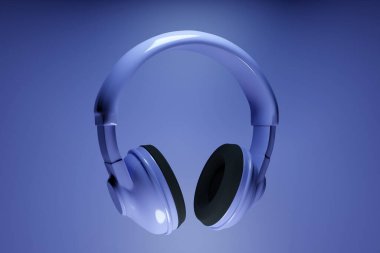 3d illustration of purple retro headphones  on  purple  isolated background on white lights. Headphone icon illustration